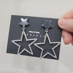 Brand New Silver Tone Black Stars Rhinestone Dangle Earrings